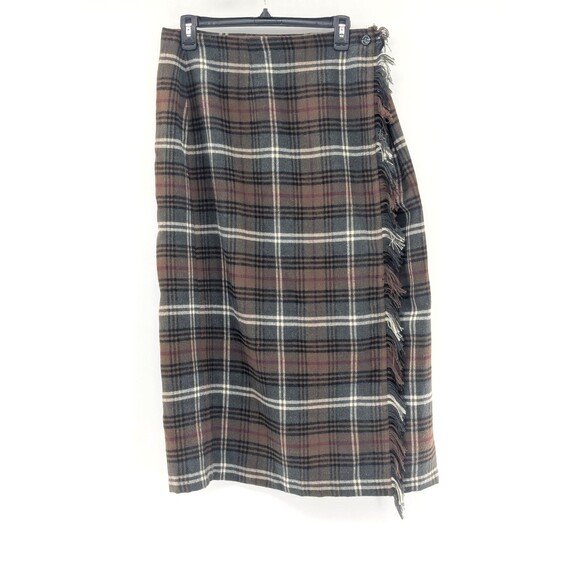 Studio Works Wool Blend Brown Tartan Plaid Fringe Wrap Midi Skirt Size 12 Petite - Picture 1 of 8
